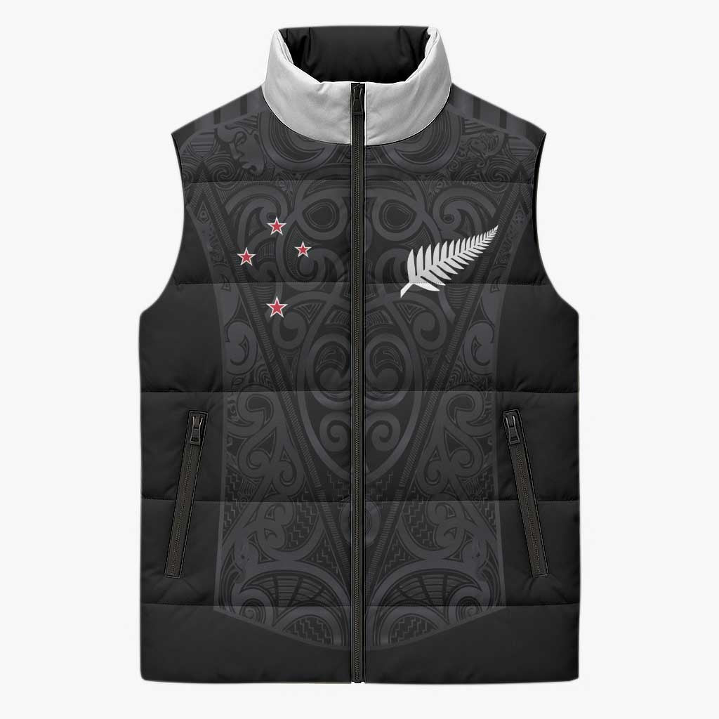 Custom Aotearoa Rugby Sleeveless Puffer Jacket Fern Blacks-Traditional Maori Motifs Design