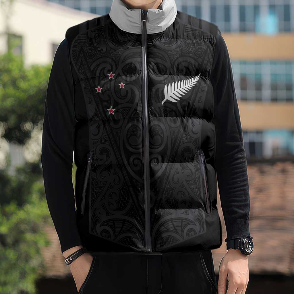 Custom Aotearoa Rugby Sleeveless Puffer Jacket Fern Blacks-Traditional Maori Motifs Design