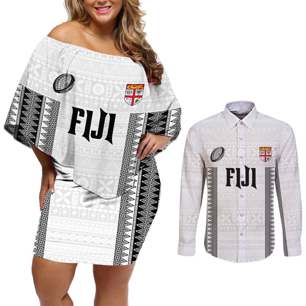 Fiji Rugby Warriors Couples Matching Off Shoulder Short Dress and Long Sleeve Button Shirt Masi Tribal Pattern Go Champion 2024