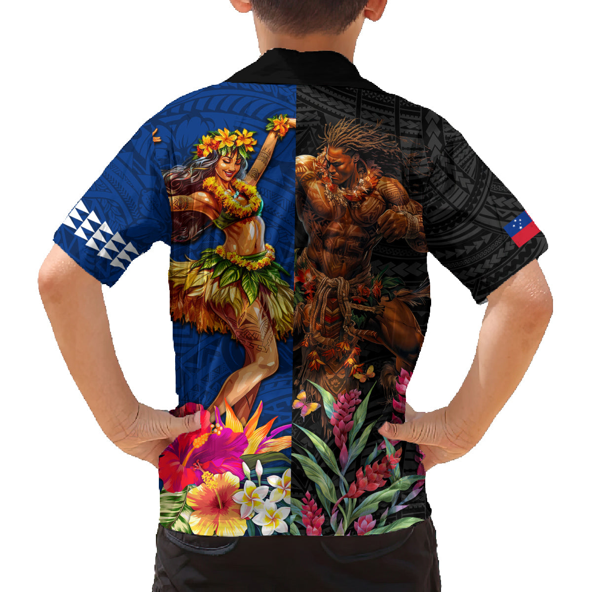 Hawaii and Samoa Together Family Matching Off Shoulder Short Dress and Hawaiian Shirt Samoan Warrior and Beauty Hula Girl
