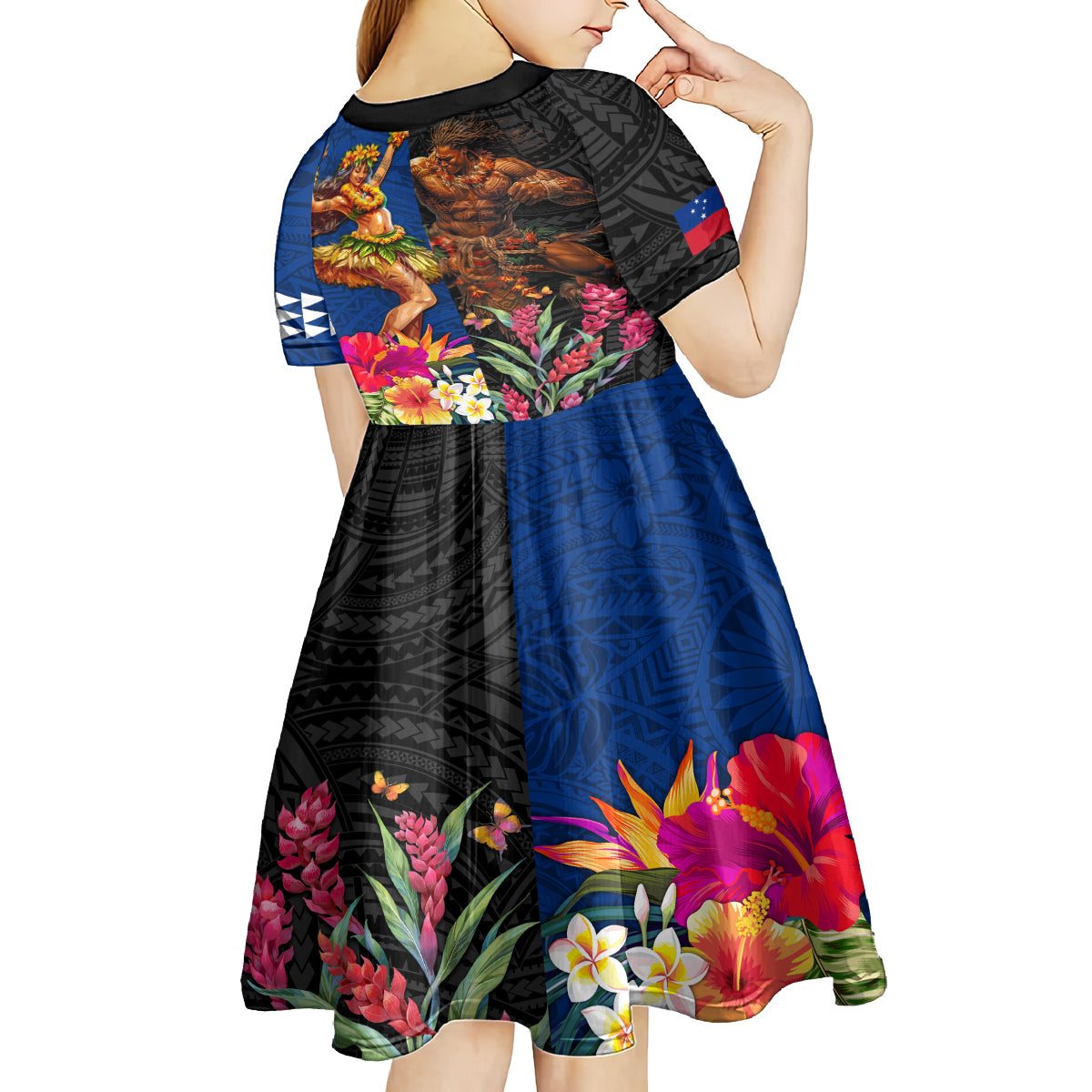 Hawaii and Samoa Together Kid Short Sleeve Dress Samoan Warrior and Beauty Hula Girl