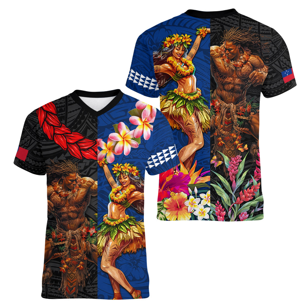 Hawaii and Samoa Together Women V-Neck T-Shirt Samoan Warrior and Beauty Hula Girl