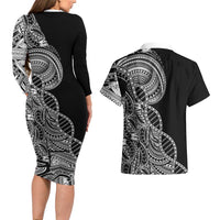 Samoan DNA Art Tattoo Couples Matching Long Sleeve Bodycon Dress and Hawaiian Shirt Polynesian Pattern Black Color