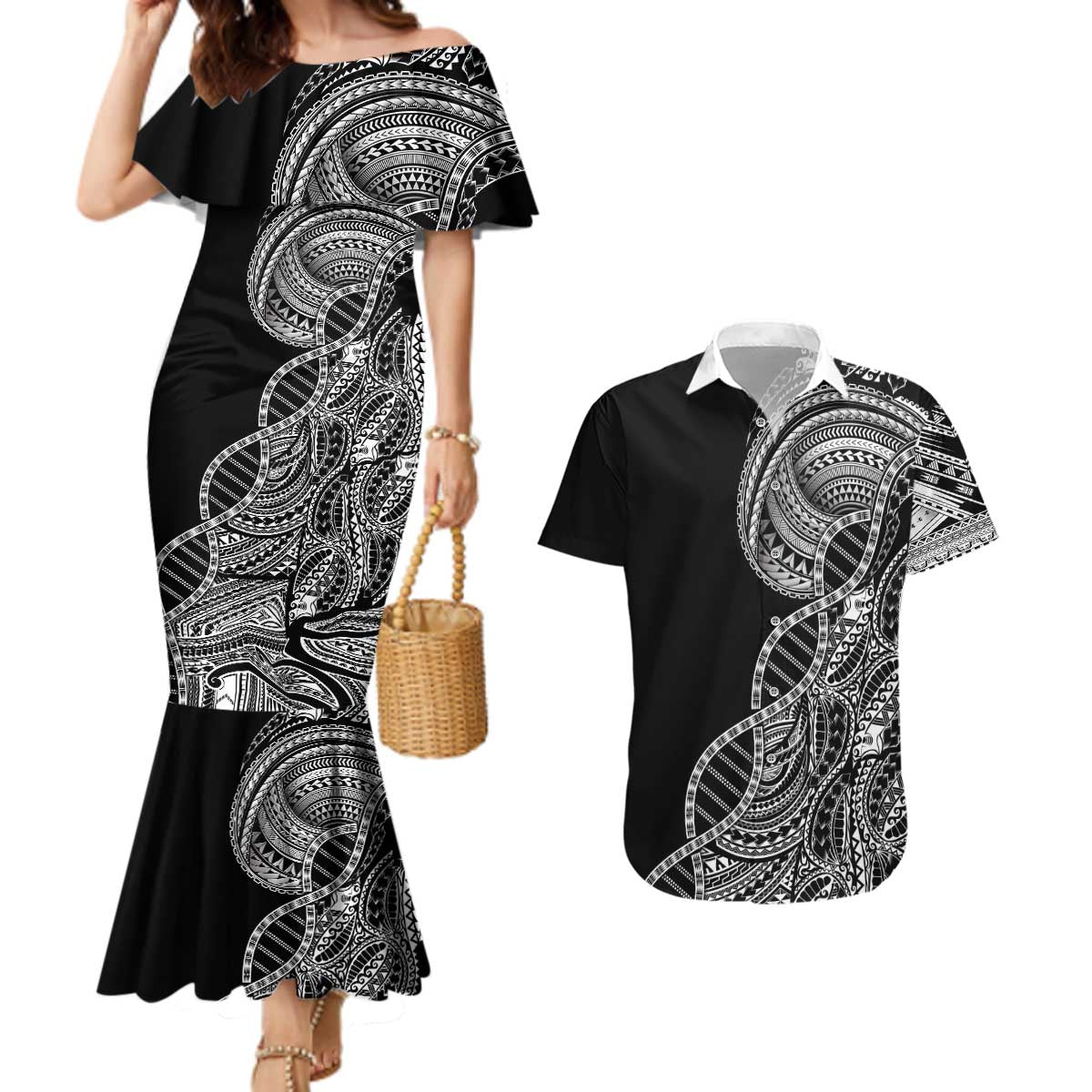 Samoan DNA Art Tattoo Couples Matching Mermaid Dress and Hawaiian Shirt Polynesian Pattern Black Color