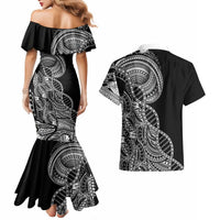 Samoan DNA Art Tattoo Couples Matching Mermaid Dress and Hawaiian Shirt Polynesian Pattern Black Color