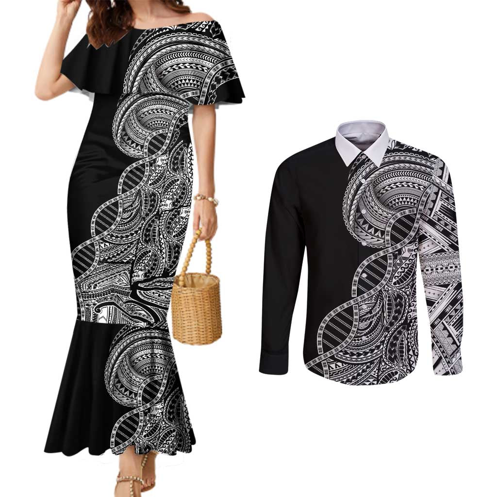 Samoan DNA Art Tattoo Couples Matching Mermaid Dress and Long Sleeve Button Shirt Polynesian Pattern Black Color