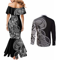 Samoan DNA Art Tattoo Couples Matching Mermaid Dress and Long Sleeve Button Shirt Polynesian Pattern Black Color