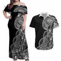 Samoan DNA Art Tattoo Couples Matching Off Shoulder Maxi Dress and Hawaiian Shirt Polynesian Pattern Black Color LT03 Black - Polynesian Pride