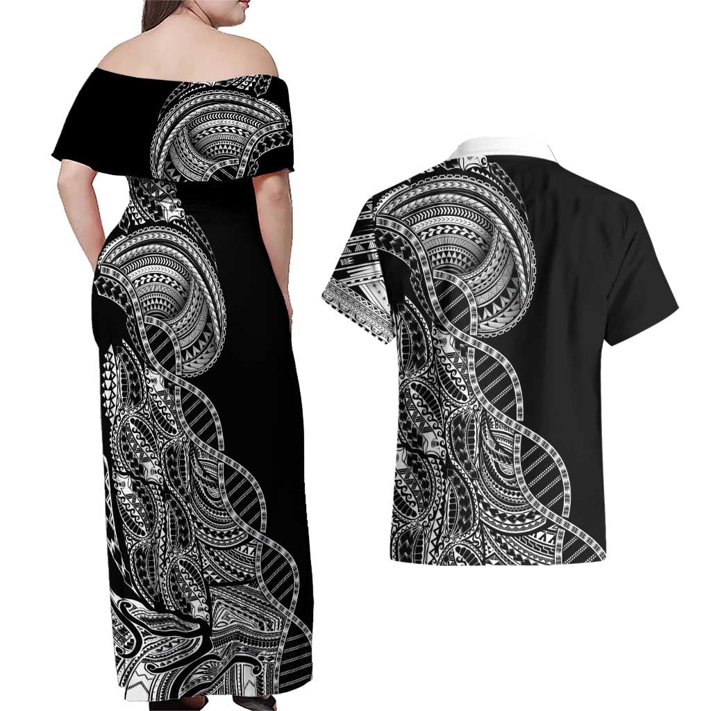 Samoan DNA Art Tattoo Couples Matching Off Shoulder Maxi Dress and Hawaiian Shirt Polynesian Pattern Black Color LT03 - Polynesian Pride