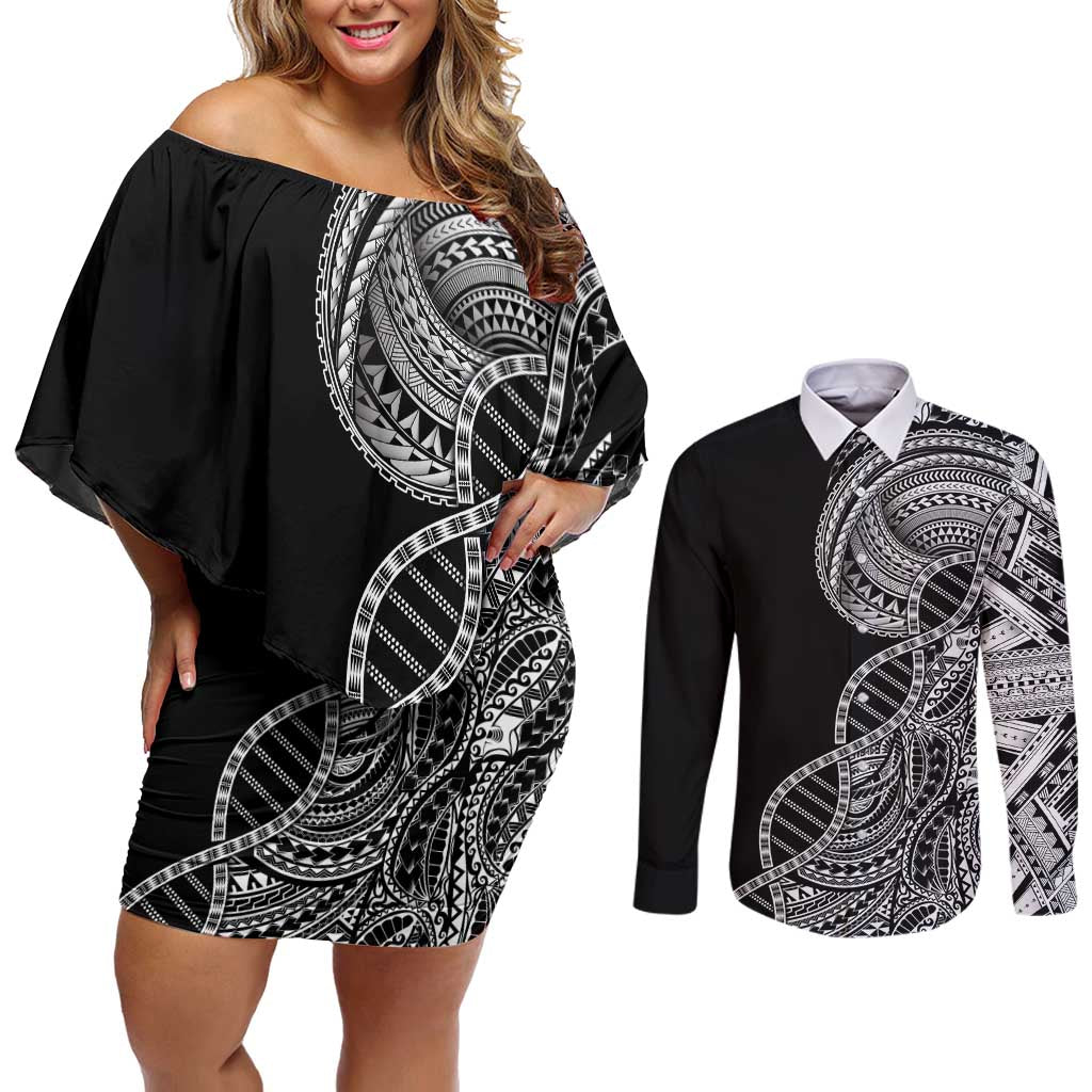 Samoan DNA Art Tattoo Couples Matching Off Shoulder Short Dress and Long Sleeve Button Shirt Polynesian Pattern Black Color LT03 Black - Polynesian Pride