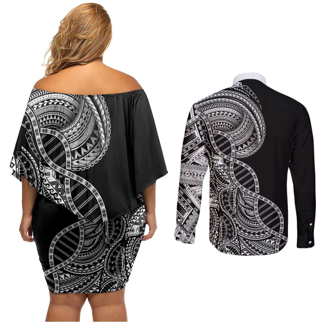 Samoan DNA Art Tattoo Couples Matching Off Shoulder Short Dress and Long Sleeve Button Shirt Polynesian Pattern Black Color LT03 - Polynesian Pride