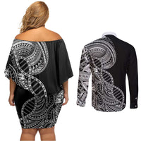 Samoan DNA Art Tattoo Couples Matching Off Shoulder Short Dress and Long Sleeve Button Shirt Polynesian Pattern Black Color LT03 - Polynesian Pride