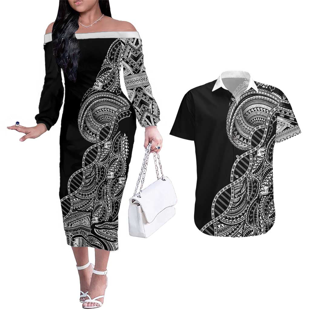 Samoan DNA Art Tattoo Couples Matching Off The Shoulder Long Sleeve Dress and Hawaiian Shirt Polynesian Pattern Black Color