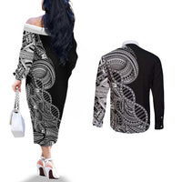 Samoan DNA Art Tattoo Couples Matching Off The Shoulder Long Sleeve Dress and Long Sleeve Button Shirt Polynesian Pattern Black Color
