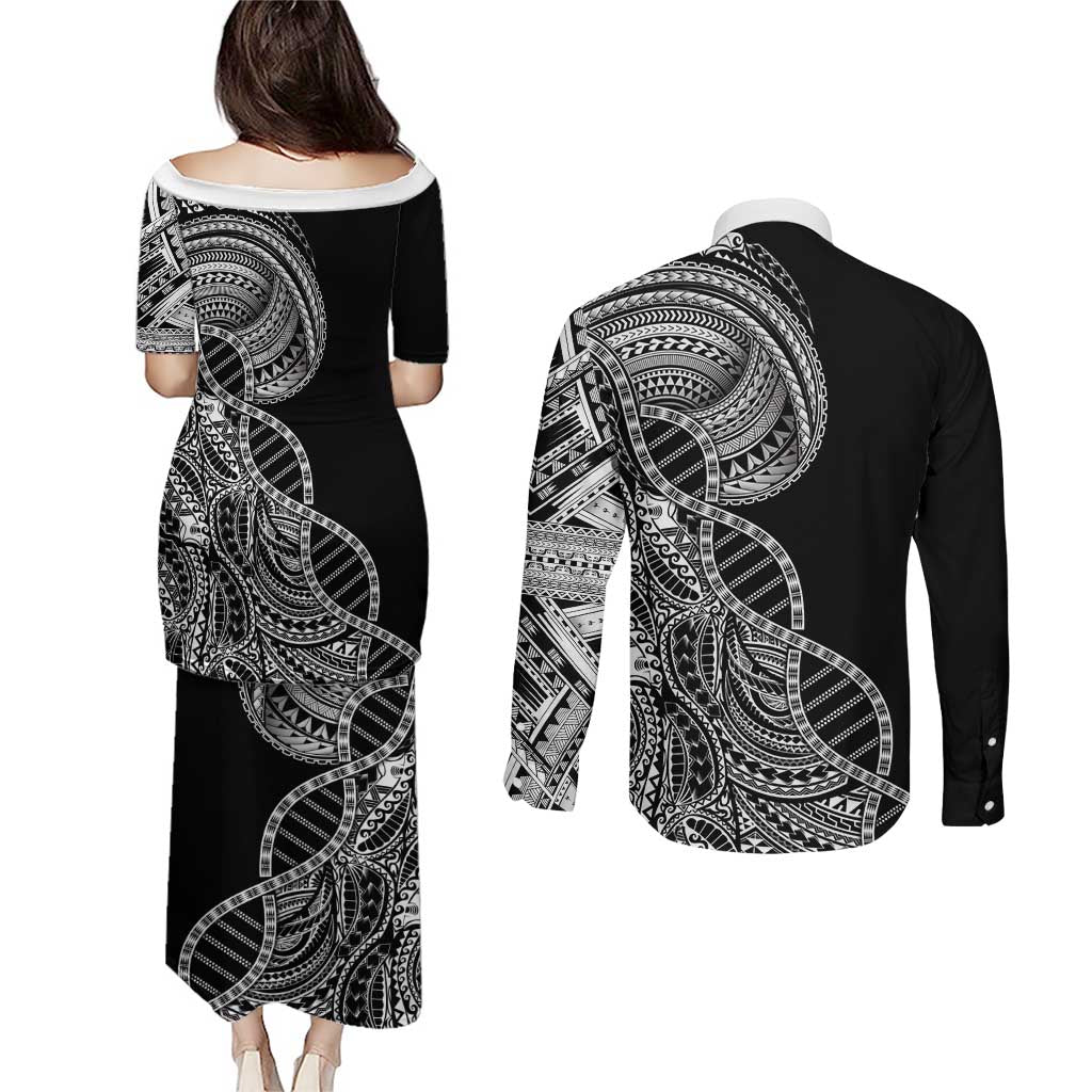 Samoan DNA Art Tattoo Couples Matching Puletasi and Long Sleeve Button Shirt Polynesian Pattern Black Color