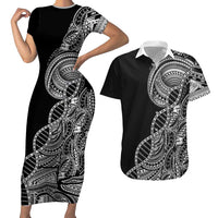 Samoan DNA Art Tattoo Couples Matching Short Sleeve Bodycon Dress and Hawaiian Shirt Polynesian Pattern Black Color