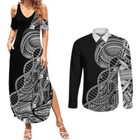 Samoan DNA Art Tattoo Couples Matching Summer Maxi Dress and Long Sleeve Button Shirt Polynesian Pattern Black Color LT03 Black - Polynesian Pride