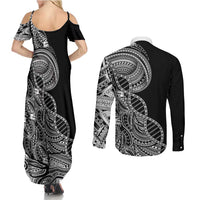 Samoan DNA Art Tattoo Couples Matching Summer Maxi Dress and Long Sleeve Button Shirt Polynesian Pattern Black Color LT03 - Polynesian Pride