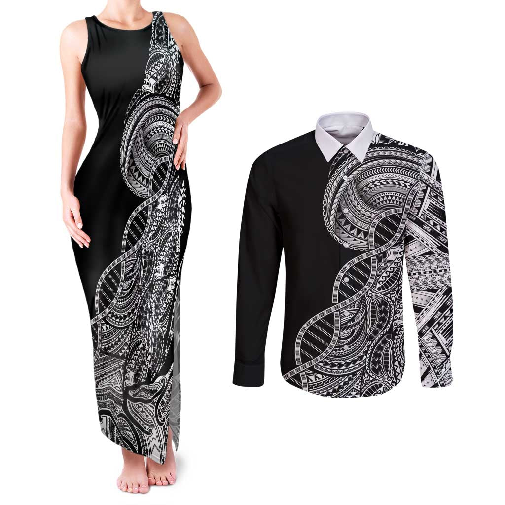 Samoan DNA Art Tattoo Couples Matching Tank Maxi Dress and Long Sleeve Button Shirt Polynesian Pattern Black Color LT03 Black - Polynesian Pride