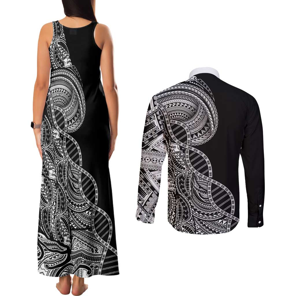 Samoan DNA Art Tattoo Couples Matching Tank Maxi Dress and Long Sleeve Button Shirt Polynesian Pattern Black Color LT03 - Polynesian Pride
