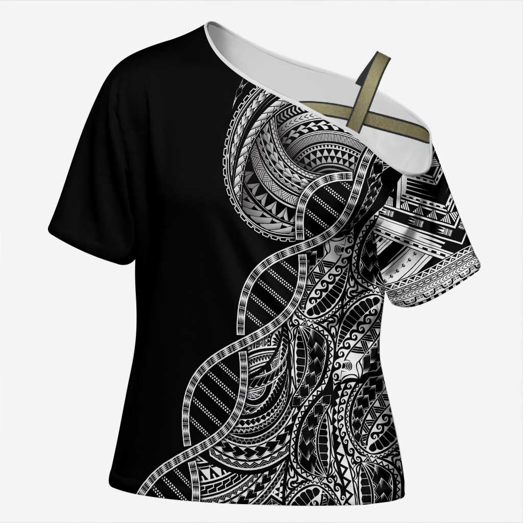 Samoan DNA Art Tattoo Cross Shoulder Shirt Polynesian Pattern Black Color