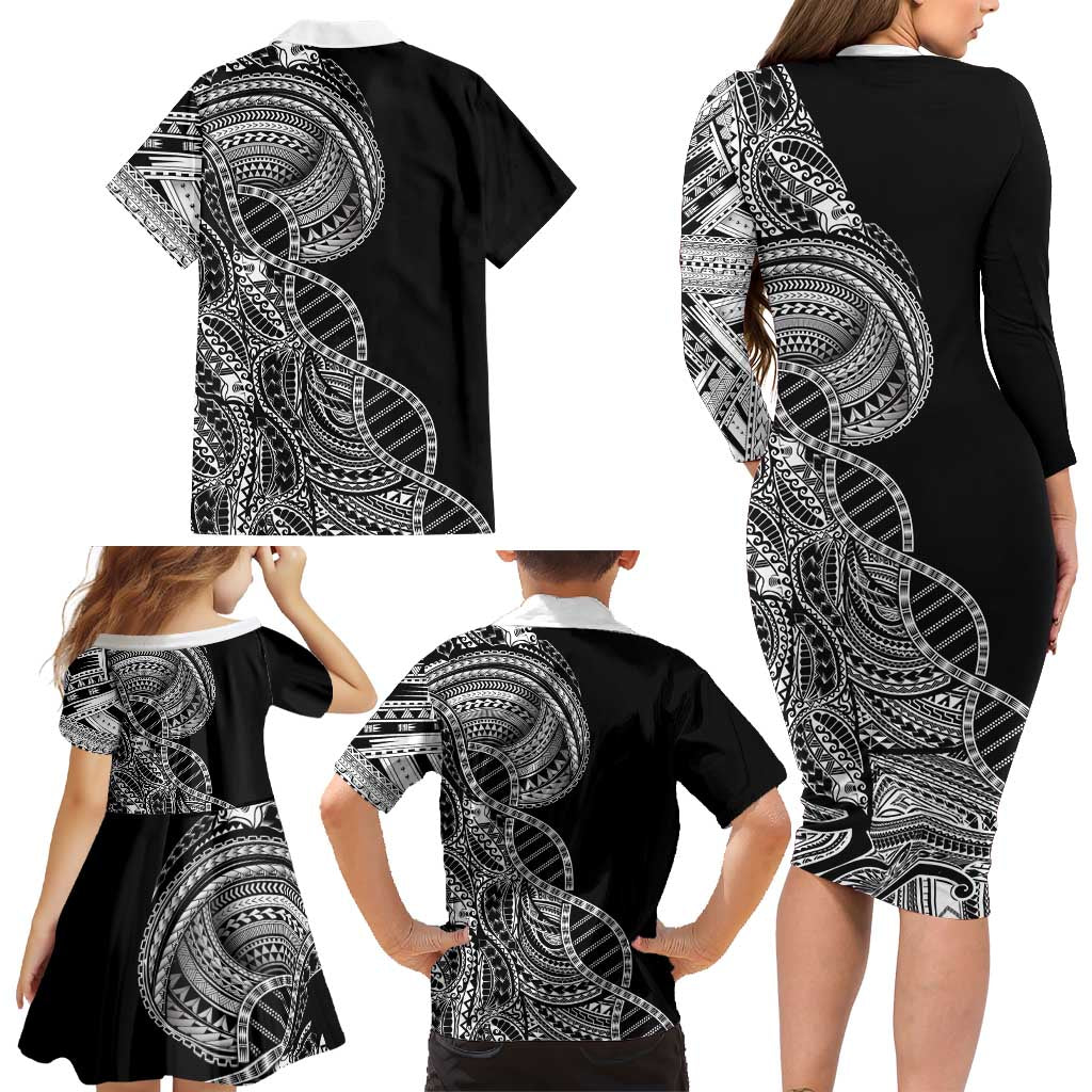 Samoan DNA Art Tattoo Family Matching Long Sleeve Bodycon Dress and Hawaiian Shirt Polynesian Pattern Black Color