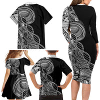 Samoan DNA Art Tattoo Family Matching Long Sleeve Bodycon Dress and Hawaiian Shirt Polynesian Pattern Black Color