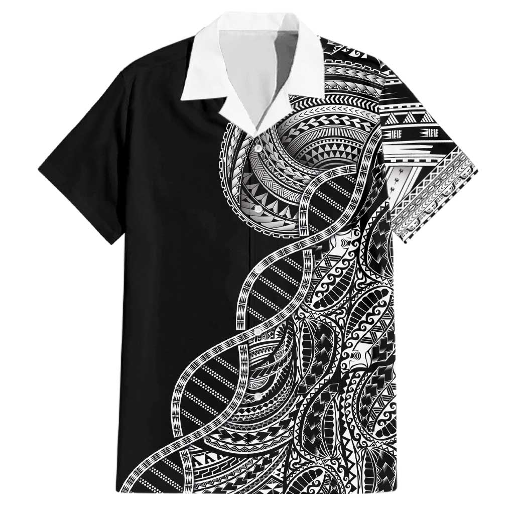 Samoan DNA Art Tattoo Family Matching Long Sleeve Bodycon Dress and Hawaiian Shirt Polynesian Pattern Black Color