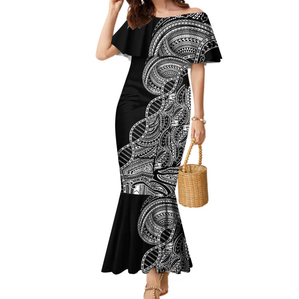 Samoan DNA Art Tattoo Family Matching Mermaid Dress and Hawaiian Shirt Polynesian Pattern Black Color