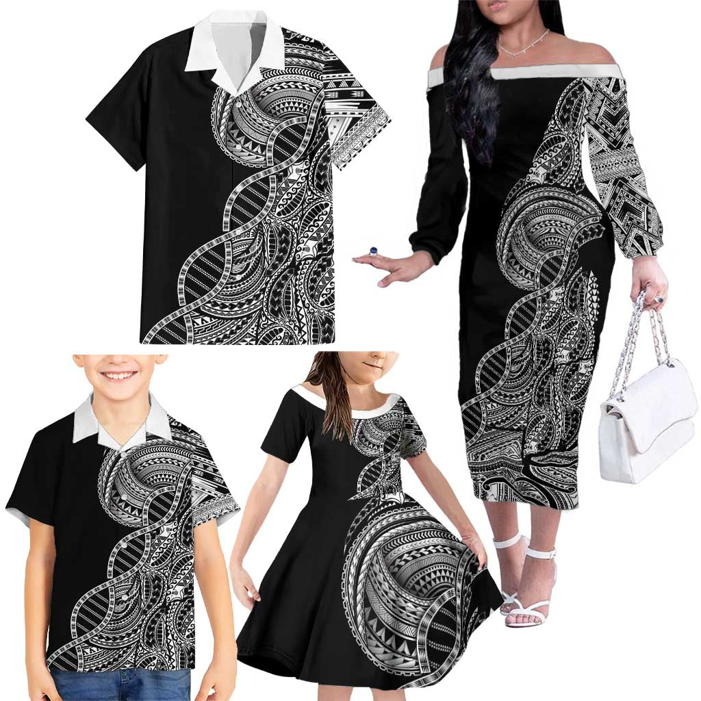 Samoan DNA Art Tattoo Family Matching Off The Shoulder Long Sleeve Dress and Hawaiian Shirt Polynesian Pattern Black Color