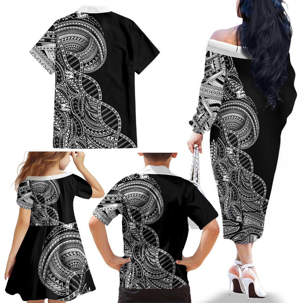 Samoan DNA Art Tattoo Family Matching Off The Shoulder Long Sleeve Dress and Hawaiian Shirt Polynesian Pattern Black Color