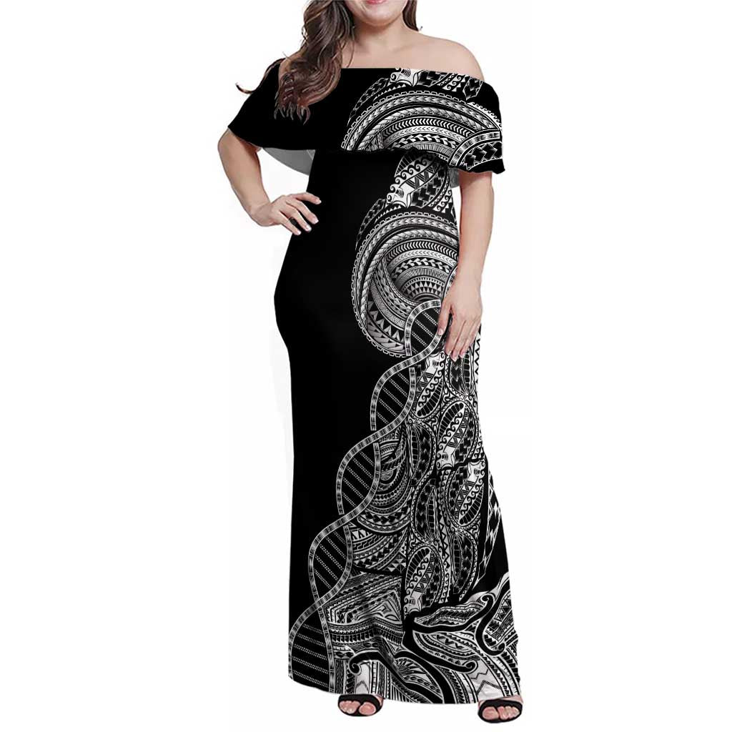 Samoan DNA Art Tattoo Family Matching Off Shoulder Maxi Dress and Hawaiian Shirt Polynesian Pattern Black Color