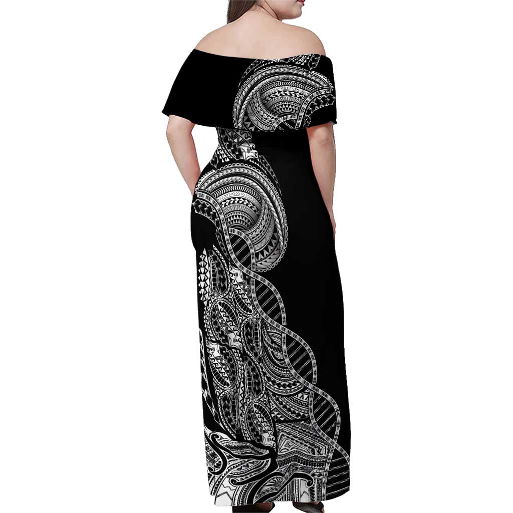 Samoan DNA Art Tattoo Family Matching Off Shoulder Maxi Dress and Hawaiian Shirt Polynesian Pattern Black Color