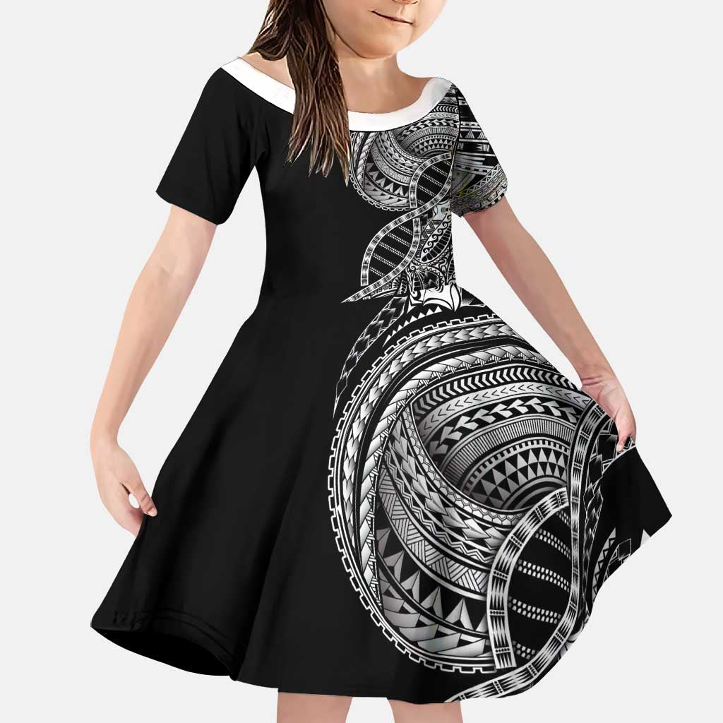 Samoan DNA Art Tattoo Family Matching Off Shoulder Short Dress and Hawaiian Shirt Polynesian Pattern Black Color
