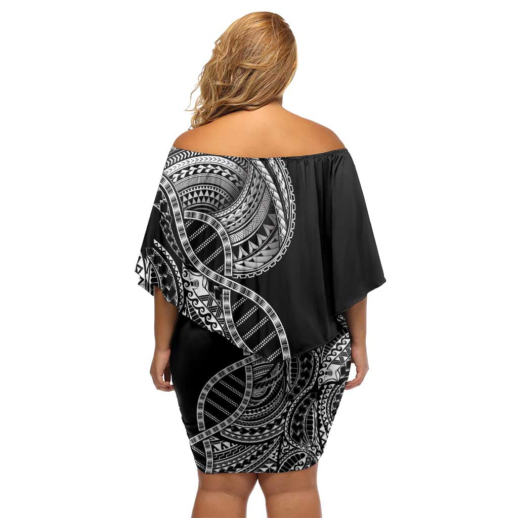 Samoan DNA Art Tattoo Family Matching Off Shoulder Short Dress and Hawaiian Shirt Polynesian Pattern Black Color