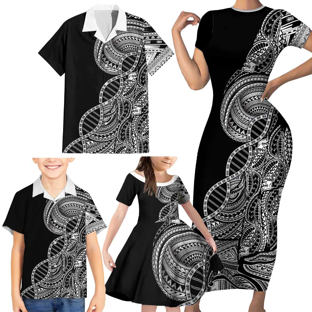Samoan DNA Art Tattoo Family Matching Short Sleeve Bodycon Dress and Hawaiian Shirt Polynesian Pattern Black Color