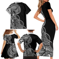 Samoan DNA Art Tattoo Family Matching Short Sleeve Bodycon Dress and Hawaiian Shirt Polynesian Pattern Black Color