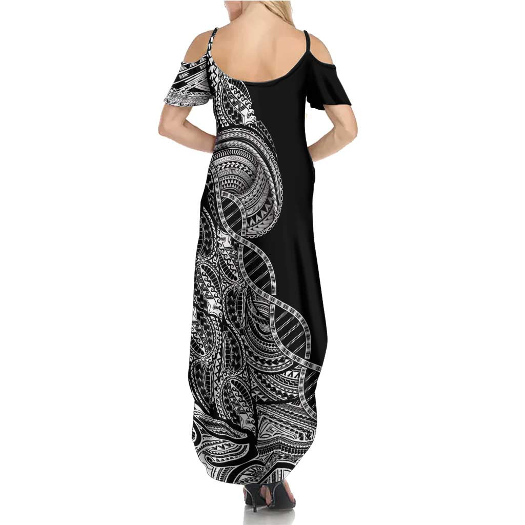 Samoan DNA Art Tattoo Family Matching Summer Maxi Dress and Hawaiian Shirt Polynesian Pattern Black Color