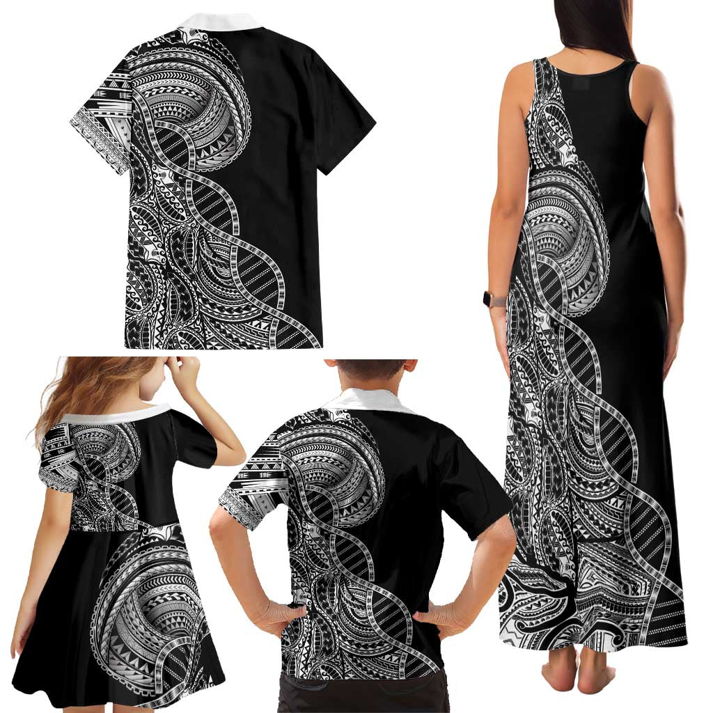 Samoan DNA Art Tattoo Family Matching Tank Maxi Dress and Hawaiian Shirt Polynesian Pattern Black Color