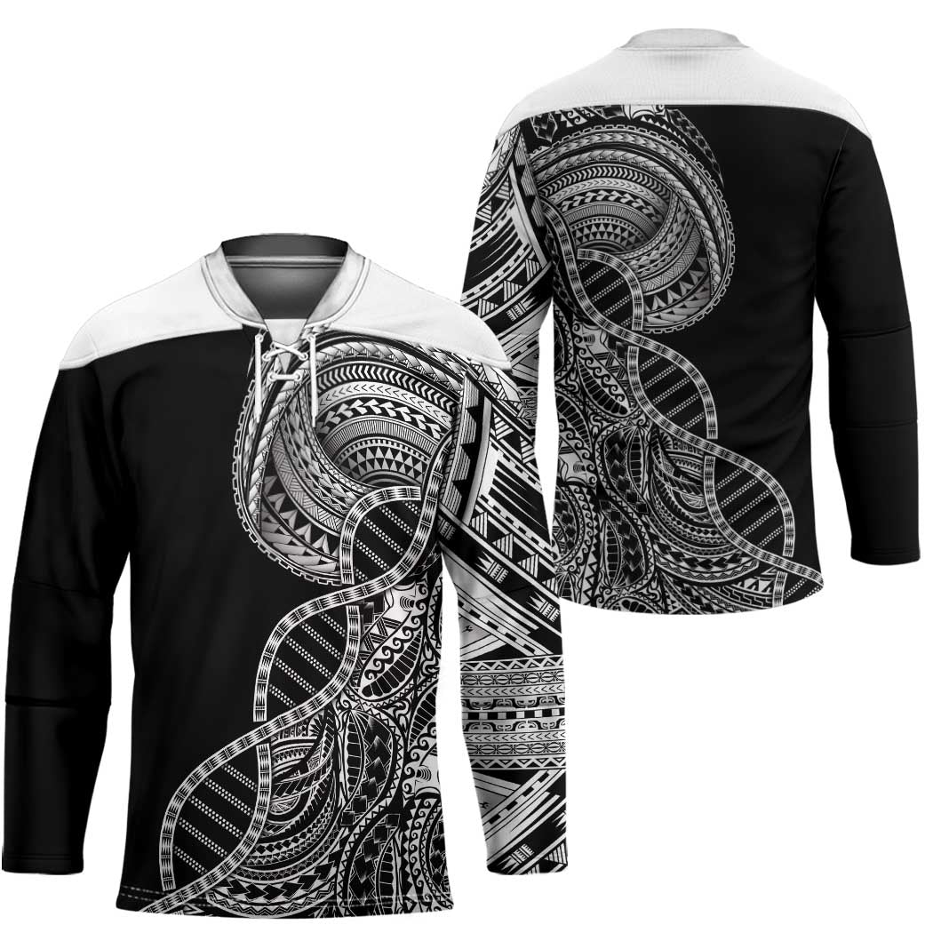 Samoan DNA Art Tattoo Hockey Jersey Polynesian Pattern Black Color