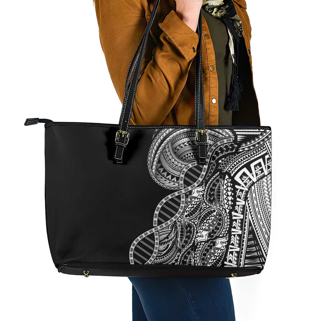 Samoan DNA Art Tattoo Leather Tote Bag Polynesian Pattern Black Color