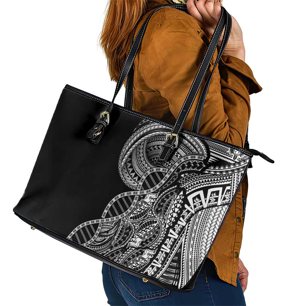 Samoan DNA Art Tattoo Leather Tote Bag Polynesian Pattern Black Color