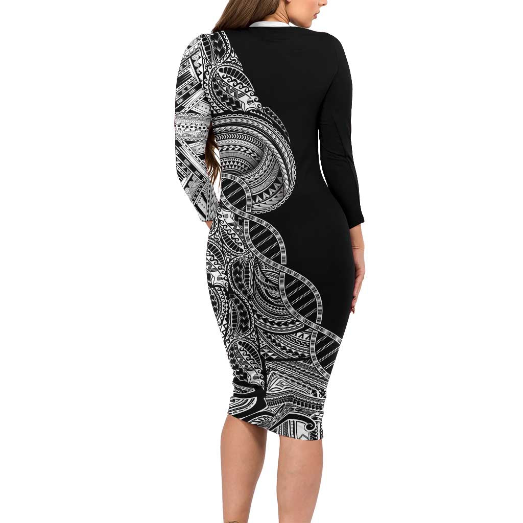 Samoan DNA Art Tattoo Long Sleeve Bodycon Dress Polynesian Pattern Black Color LT03 - Polynesian Pride