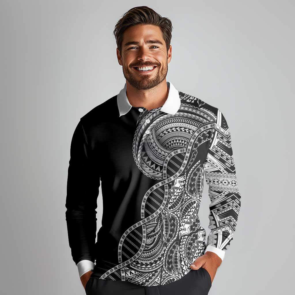 Samoan DNA Art Tattoo Long Sleeve Polo Shirt Polynesian Pattern Black Color