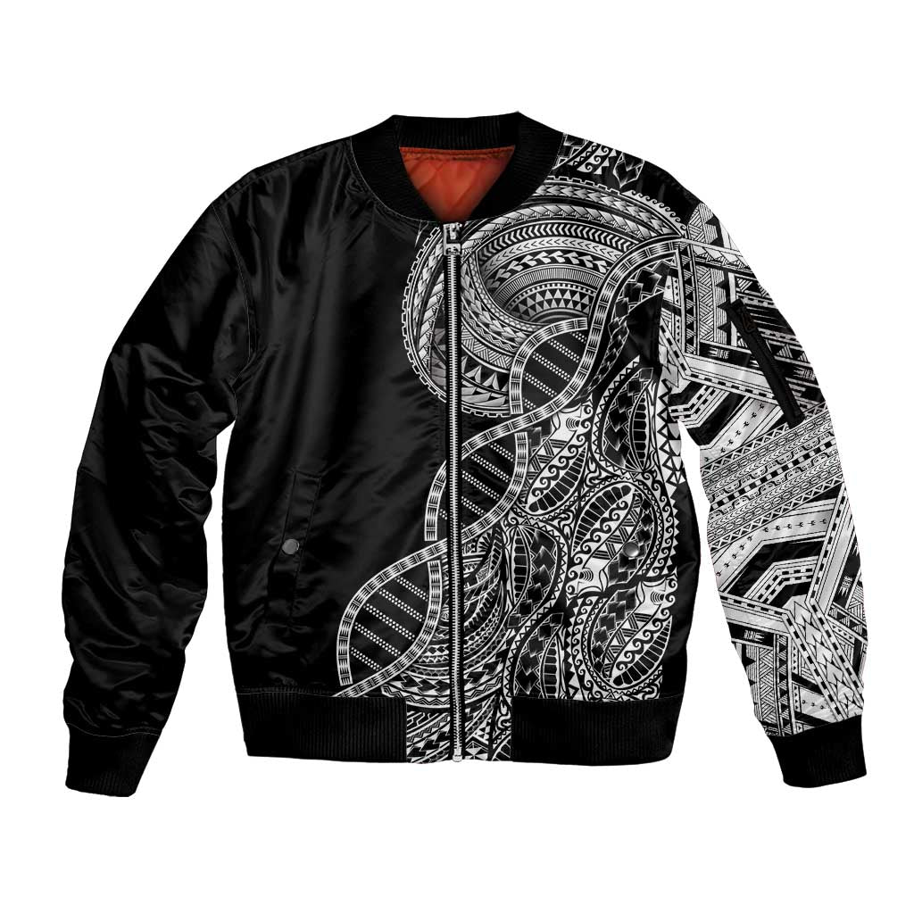 Samoan DNA Art Tattoo Sleeve Zip Bomber Jacket Polynesian Pattern Black Color