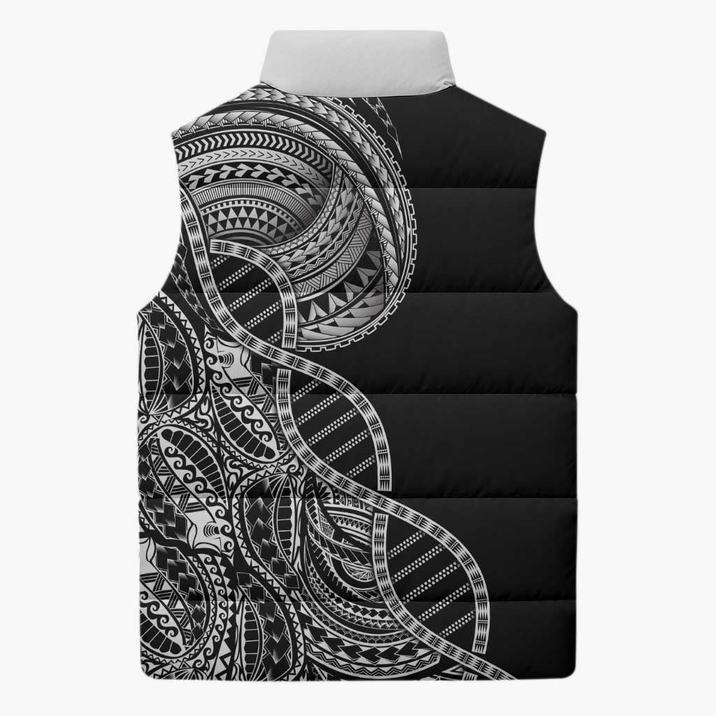 Samoan DNA Art Tattoo Sleeveless Puffer Jacket Polynesian Pattern Black Color