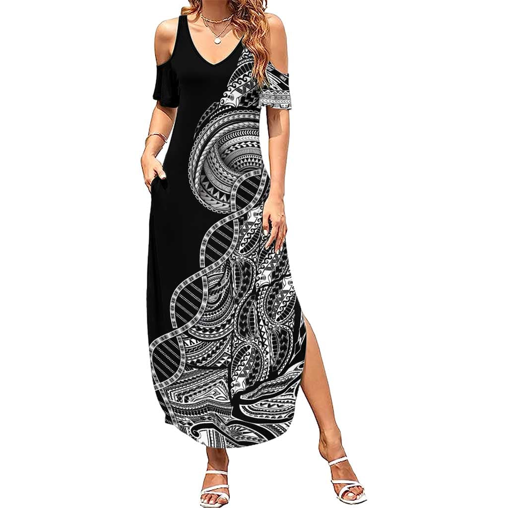 Samoan DNA Art Tattoo Summer Maxi Dress Polynesian Pattern Black Color