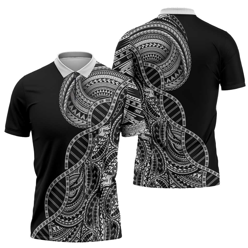 Samoan DNA Art Tattoo Zipper Polo Shirt Polynesian Pattern Black Color