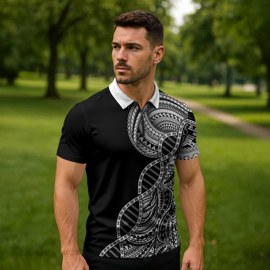 Samoan DNA Art Tattoo Zipper Polo Shirt Polynesian Pattern Black Color