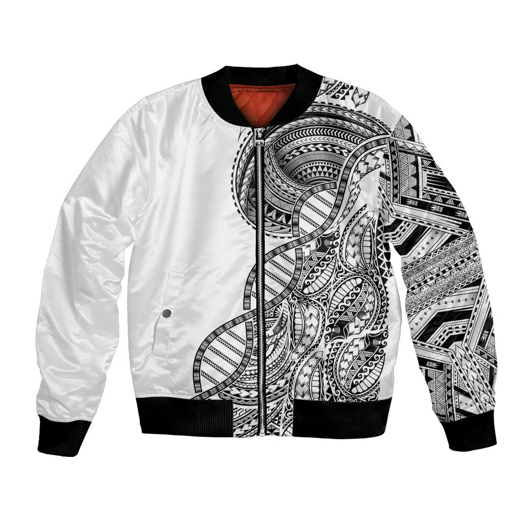 Samoan DNA Art Tattoo Bomber Jacket Polynesian Pattern White Color